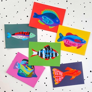 Set of 6 Handmade Colorful fish cards with envelopes