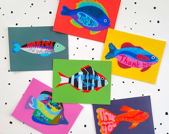 Lot de 6 cartes de poisson colorées faites main avec enveloppes