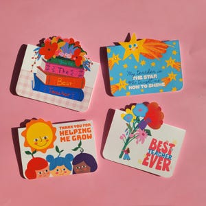 Set di 4 biglietti di ringraziamento per insegnanti da ritagliare – Set di apprezzamento divertente e colorato – Regali di fine anno