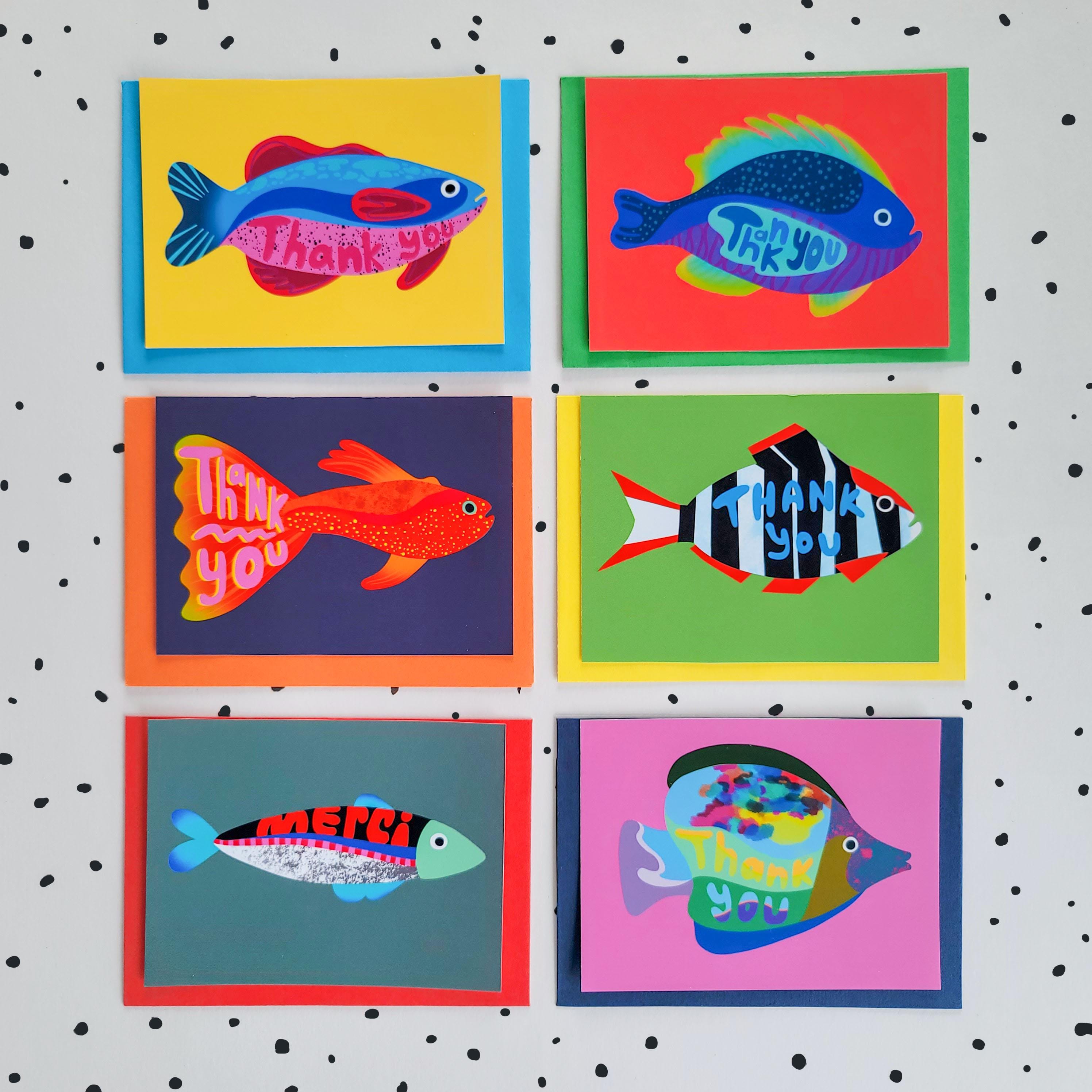 Set of 6 Handmade Colorful Fish Cards With Envelopes - Etsy