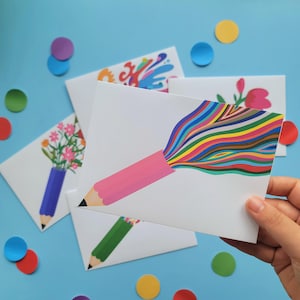 Handmade Colorful Artistic Mailing Envelopes Set with Matching Stickers, Creative Stationery