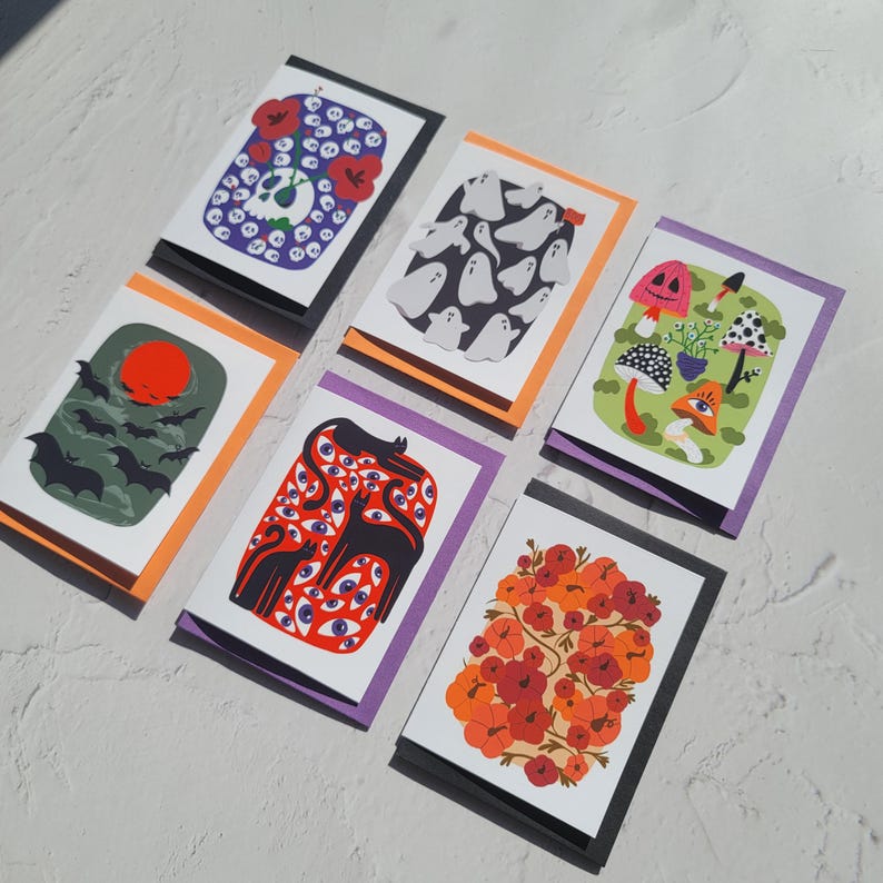 Set of 6 Handmade Spooky Halloween Note Cards Set, Blank Inside, With ...