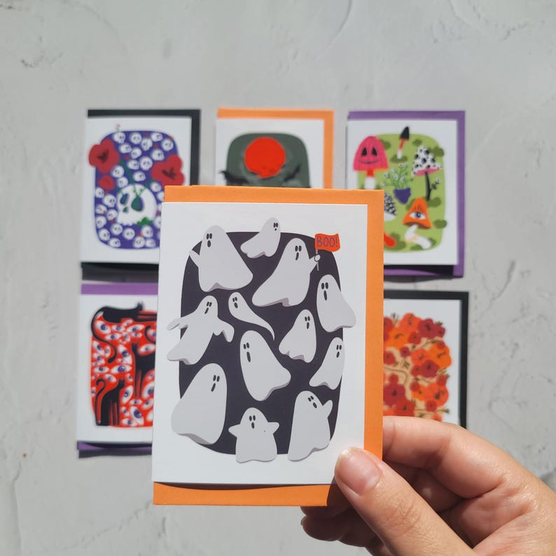 Set of 6 Handmade Spooky Halloween Note Cards Set, Blank Inside, With ...