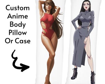 Puede incluir: Dos almohadas de cuerpo de anime personalizadas con diferentes personajes femeninos. Una almohada presenta a una mujer en un traje de baño rojo con cabello largo y castaño. La otra almohada presenta a una mujer con un vestido gris y cabello largo y negro. Ambas almohadas son blancas y tienen una forma rectangular.
