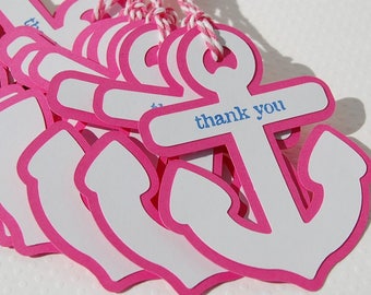 12 hot pink white thank you anchor tags nautical thank you tag ocean theme pink white bakers twine baby shower thank you  wedding  favor tag