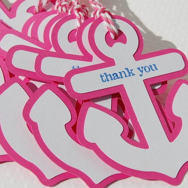 12 hot pink white thank you anchor tags nautical thank you tag ocean theme pink white bakers twine baby shower thank you  wedding  favor tag