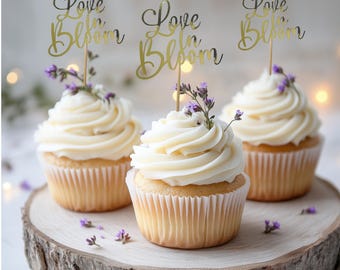 Love in bloom premade set of 12 cupcake toppers gold foil bridal shower