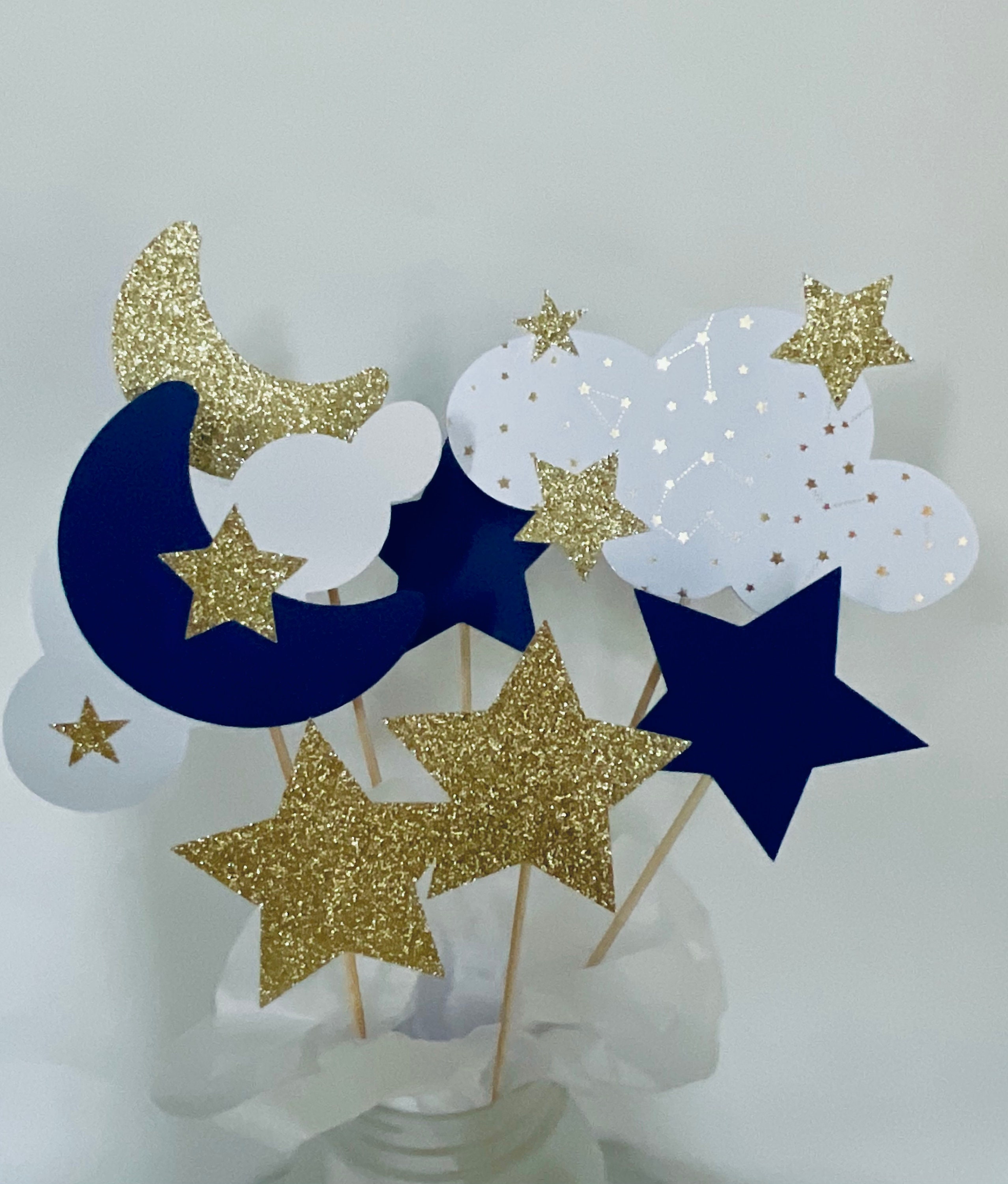 Adorno para tarta de baby shower con diseño de estrella pequeña, color azul  marino, con purpurina dorada, centelleante, nube, luna y estrellas, palitos  para cumpleaños con estrella pequeña. - Etsy México, image size:2555x3000