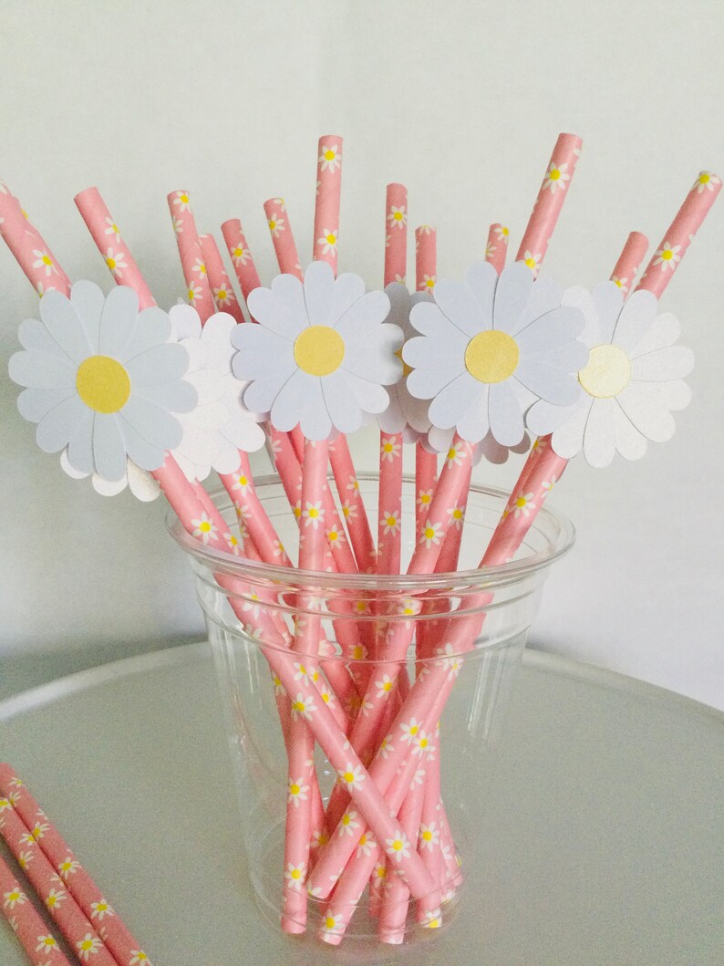 May include: A set of pink and white striped paper straws with daisy flower toppers. The straws are in a clear plastic cup.