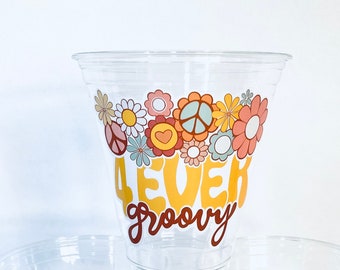 Four ever groovy plastic disposable drink cups favor cup birthday 12 oz. 70’s retro hippie groovy fourth birthday 4 ever groovy