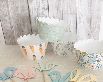 Pastel Easter premade cupcake wrapper and rabbit ear topper Easter cupcakes premade ready to use set of 12