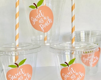 Sweet as a peach plastic disposable cups favor party cup sweet as a peach baby shower birthday wedding straw lids included  12 oz sweet 16