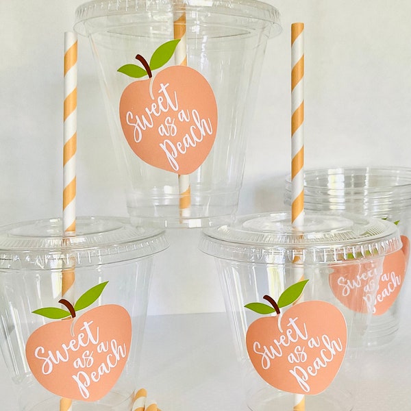 Sweet as a peach plastic disposable cups favor party cup sweet as a peach baby shower birthday wedding straw lids included  12 oz sweet 16