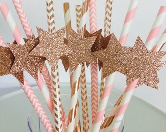 rose gold blush pink paper straws birthday party straws baby shower straws engagement party straws stripe chevron eco friendly