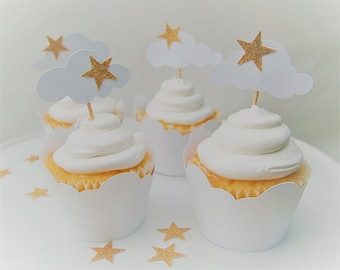 cloud star cupcake wrapper shimmer 12 white  baby shower twinkle twinkle little star theme birthday cloud cupcake toppers cloud  party deco9