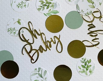 watercolor greenery sage light green gold foil confetti oh baby boho baby shower woodland shower decor light green white leaves confetti