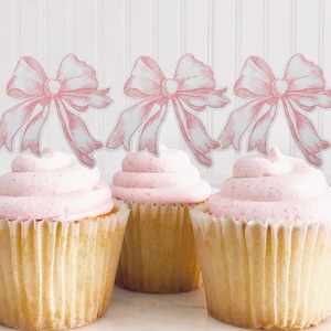 Pink bow cupcake topper set of 12 she’s tying the knot baby girl shower girly birthday