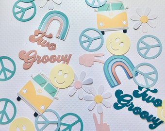 Retro hippie groovy confetti two groovy die cuts pastel seventies party decor stay trippy little hippie daisy peace sign smiley face die cut