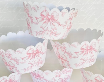 Pink chinoiserie ribbon bow cupcake wrappers premade set of 12 baby shower girly birthday pink toile Mother’s Day