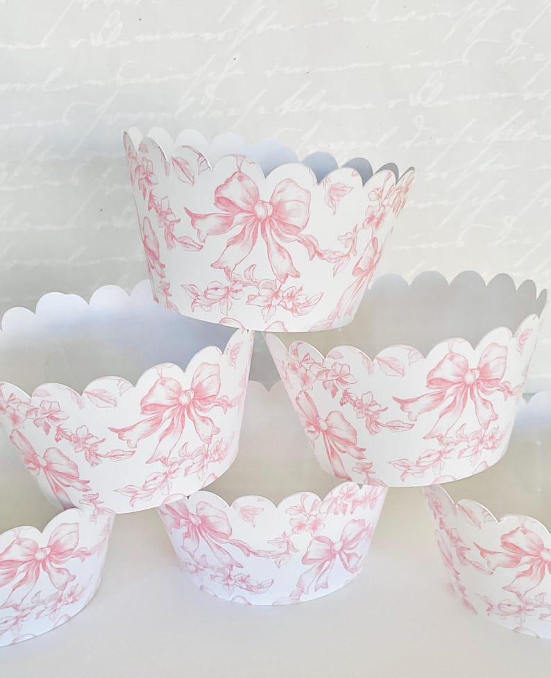 Pink chinoiserie ribbon bow cupcake wrappers premade set of 12 baby shower girly birthday pink toile Mothers Day