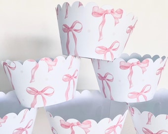 Pink bow cupcake wrappers premade set of 12 she's tying the knot coquette baby shower girly birthday gender reveal shower pink blue or mix