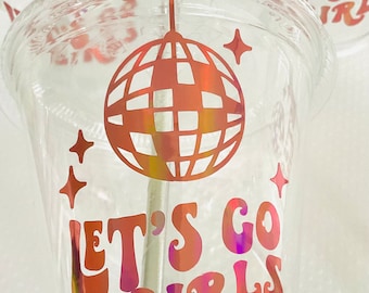 disco plastic party cups favor cups bachelorette party birthday pink holographic 12 oz. drink cups paper straws let’s go girls disposable