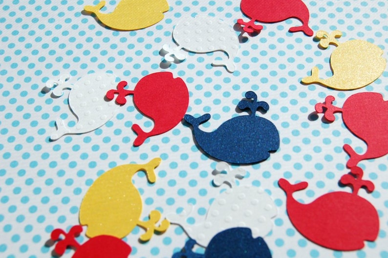whale table confetti baby shower decor die cut whales red yellow navy white 200 pieces