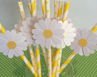 Daisy paper straw yellow white stripe set of 12 daisy birthday party spring flowers cake pop sticks
