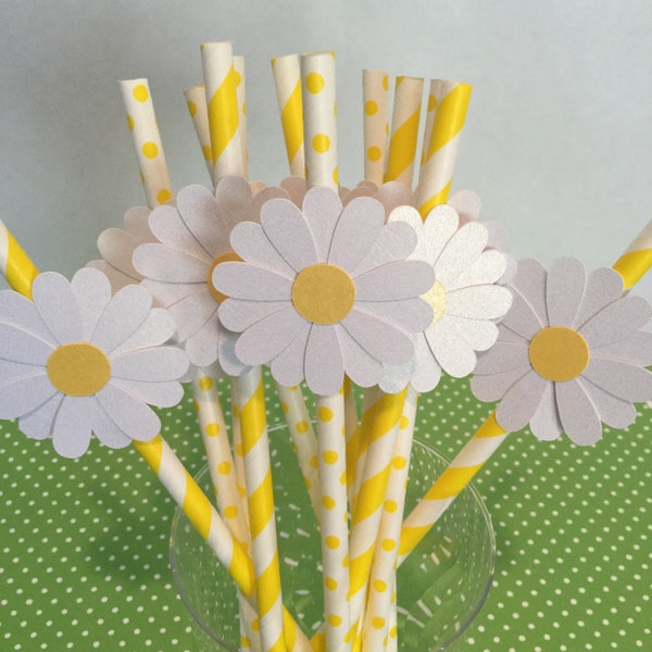 Daisy paper straw choose colors yellow white stripe yellow dot set of 12 daisy birthday party spring flowers cake pop sticks