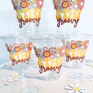 stay groovy plastic disposable drink cups favor cup birthday 12 oz. 70’s retro hippie groovy one birthday two groovy