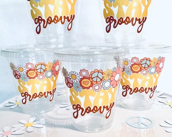 stay groovy plastic disposable drink cups favor cup birthday 12 oz. 70’s retro hippie groovy one birthday two groovy