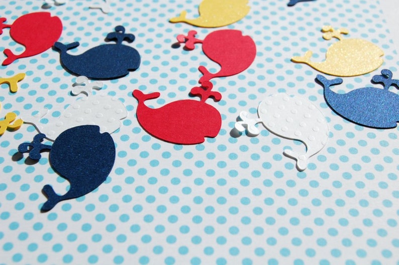 whale table confetti baby shower decor die cut whales red yellow navy white 200 pieces
