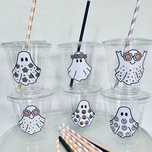 Groovy Halloween stay spooky daisy ghost plastic disposable favor cup birthday 12 or 9oz. 70’s retro hippie groovy one birthday two groovy