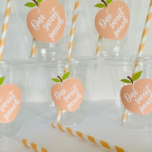 One sweet peach plastic disposable cups favor party cup one sweet peach baby shower first birthday straw lids included  12 oz sweet 16