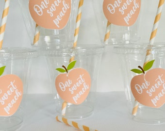 One sweet peach plastic disposable cups favor party cup one sweet peach baby shower first birthday straw lids included  12 oz sweet 16