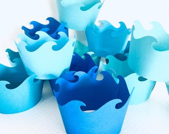 wave edge cupcake wrappers premade set of 12  ocean luau mermaid pirate birthday bridal shower ONEder the sea the big ONE pool party
