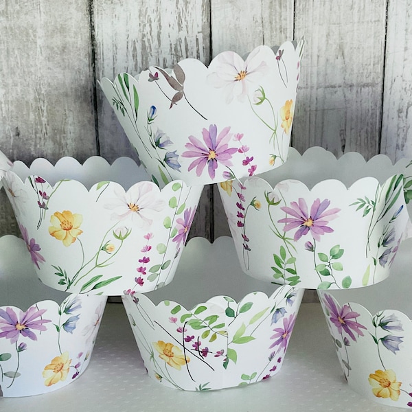 Wildflower scalloped edge cupcake wrappers wild one 1st birthday wildflower party decorations shower wildflower wedding cupcake pre cut