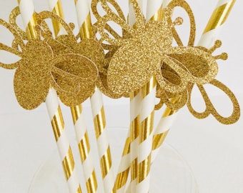 Bumblebee paper straws gold white foil stripe mommy to bee what will it bee gender reveal baby shower glitter bumblebee  sweet as can be