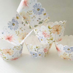 Pastel wildflower floral cupcake wrappers premade bridal shower baby shower wedding cupcake birthday decoration set of 12