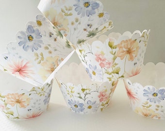 Lot de 12 emballages floraux pour cupcakes pastel, fleurs sauvages, préfabriqués pour baby shower