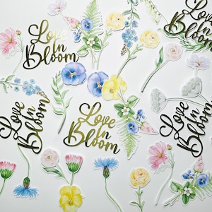 Love in bloom wildflower confetti paper medium size die cuts bridal shower rehearsal dinner gold foil champagne spring decor engagement