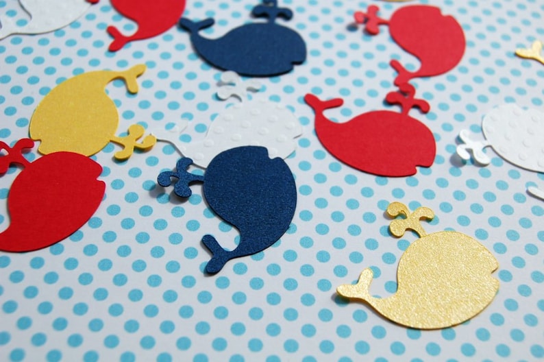 whale table confetti baby shower decor die cut whales red yellow navy white 200 pieces