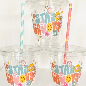 stay groovy plastic disposable drink cups favor cup birthday 12 oz. 70’s retro hippie groovy one birthday two groovy