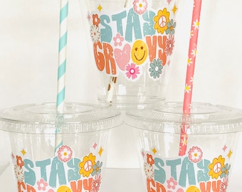 stay groovy plastic disposable drink cups favor cup birthday 12 oz. 70’s retro hippie groovy one birthday two groovy