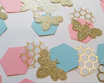 Bumblebee gender reveal confetti baby shower happy bee-day birthday 60 pieces gold pink blue what will it bee what will baby bee baby shower