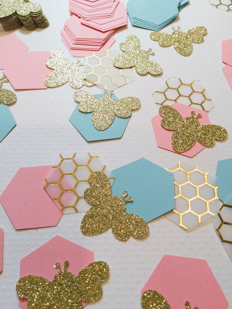 Bumblebee gender reveal confetti baby shower happy beeday birthday 60 pieces gold pink blue what will it bee what will baby