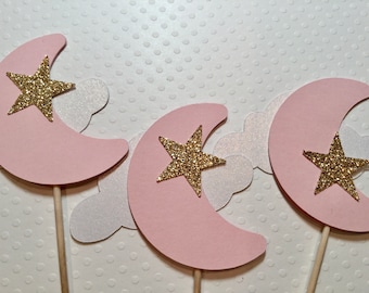 Pink Blue twinkle twinkle little star cupcake toppers 12 double sided twinkle little star baby shower birthday cake decoration two the moon