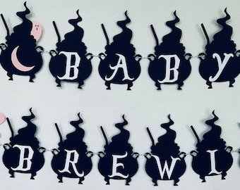 baby is brewing shower bunting banner Halloween cauldron banner pink blue or mix gender reveal decoration