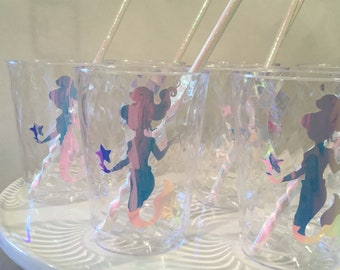 12 mermaid party plastic disposable 10oz cups paper straws mermaid birthday shower bachelorette party drinkware cups under the sea theme