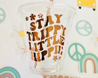 stay trippy little hippie plastic disposable drink cups favor cup retro baby shower 12 oz. 70’s retro hippie groovy one birthday two groovy